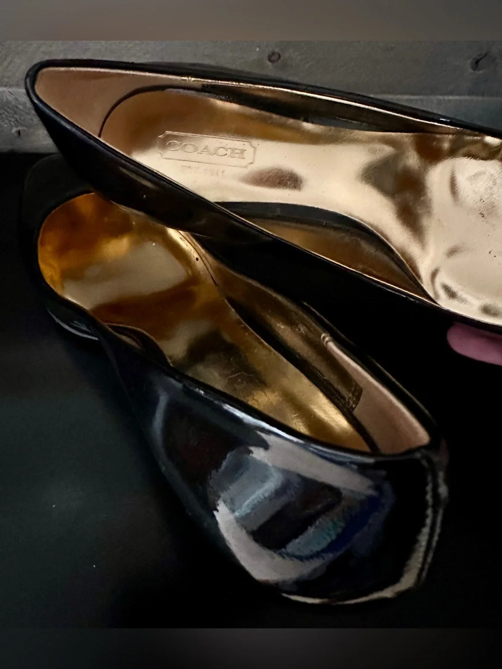 Coach Black Patent Leather High-Heel Pumps with Gold Insole • Size 7.5 • EUC